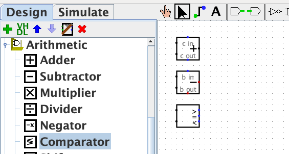 Logisim built-in adder, subtractor, and comparator screenshot